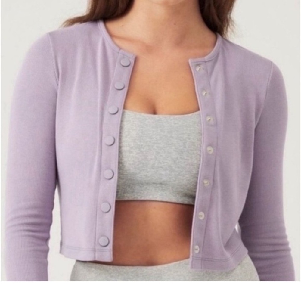 Outdoor Voices Earl Grey Lavender Ribbed Cropped Cardigan Small